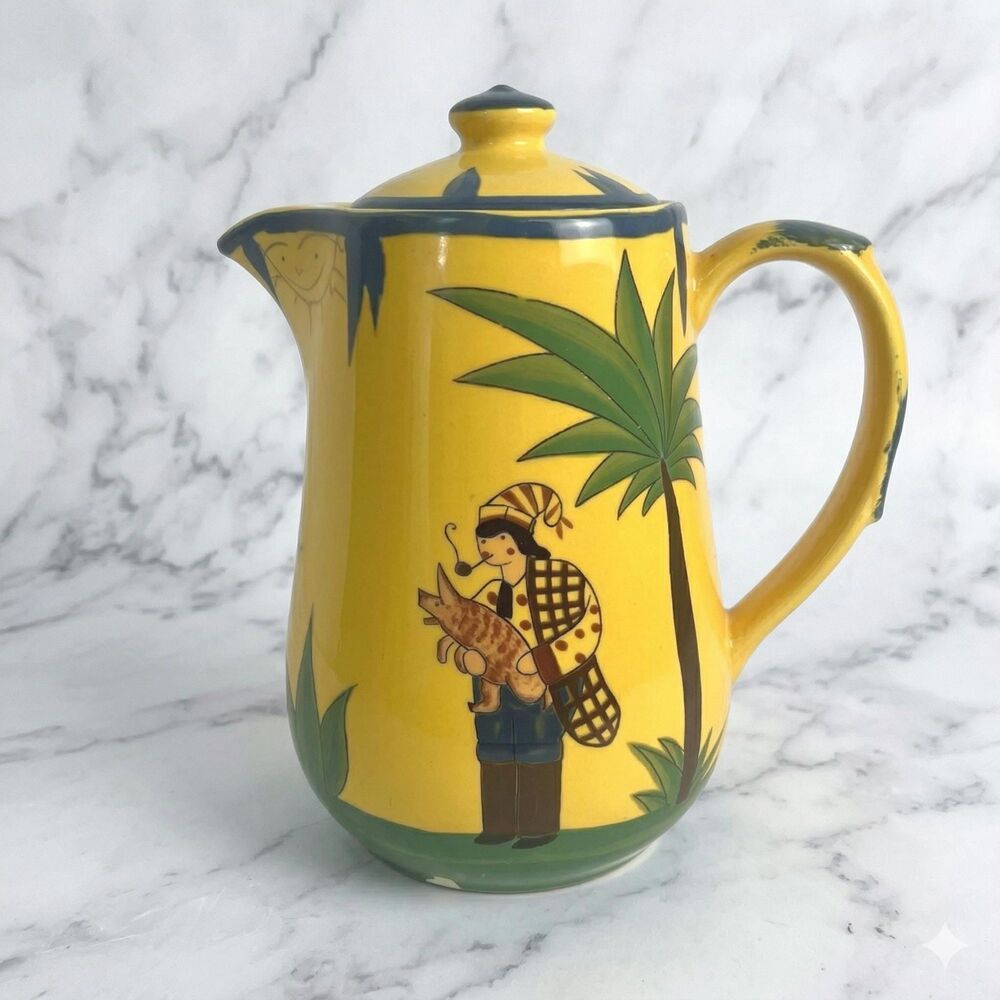 Vintage Haldon Group Soleil Coffee Pot Teapot with Lid Yellow Folk Art READ